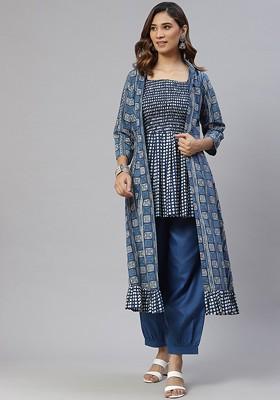 Blue Floral Print Poly Blend Kurta Set