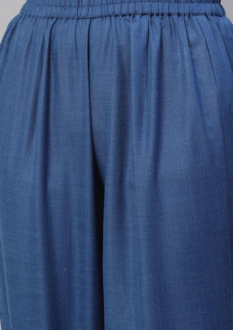 Blue Floral Print Poly Blend Kurta Set