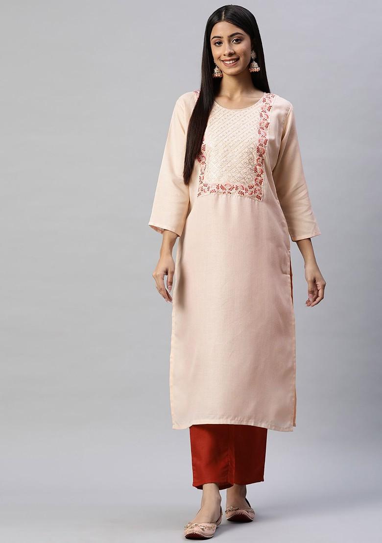 Pink Ethnic Motifs Embroidery Poly Blend Kurta Set
