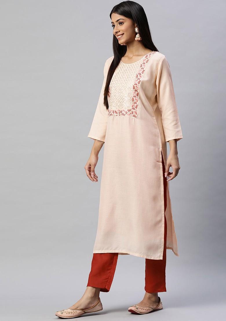 Pink Ethnic Motifs Embroidery Poly Blend Kurta Set