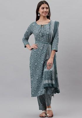 Turquoise Blue Printed Cotton Kurta Set