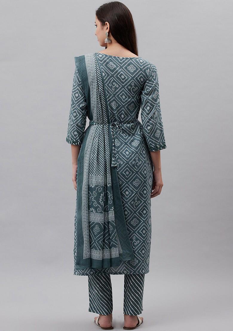 Turquoise Blue Printed Cotton Kurta Set