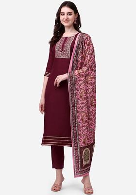 Maroon Ethnic Motifs Embroidery Poly Blend Kurta Set