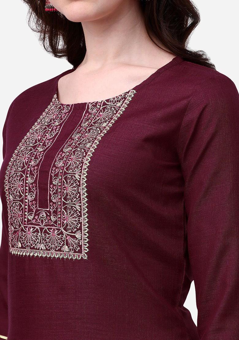 Maroon Ethnic Motifs Embroidery Poly Blend Kurta Set