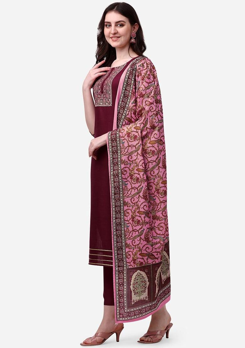 Maroon Ethnic Motifs Embroidery Poly Blend Kurta Set