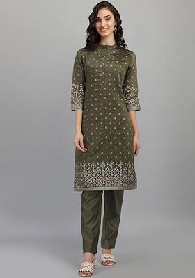 Olive Ethnic Motifs Embroidery Silk Kurta Set