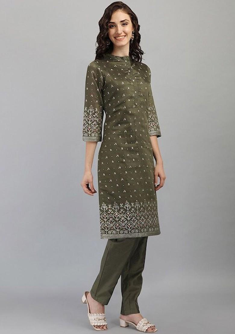 Olive Ethnic Motifs Embroidery Silk Kurta Set