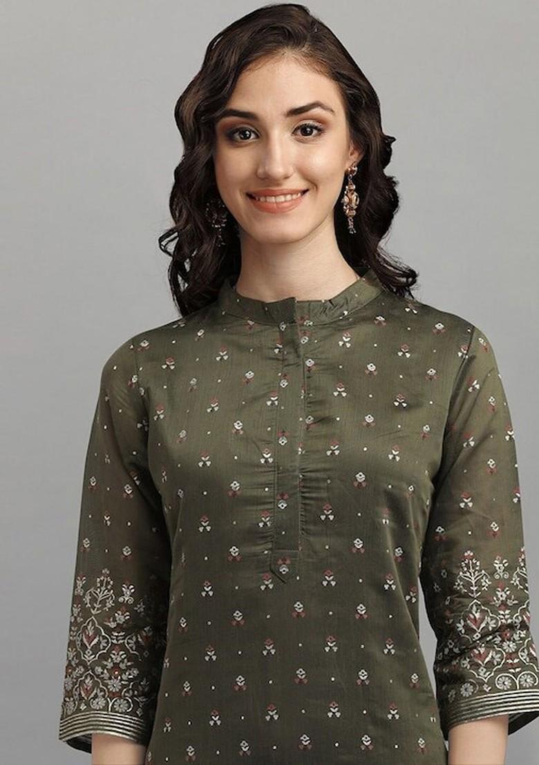 Olive Ethnic Motifs Embroidery Silk Kurta Set