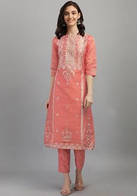 Peach Ethnic Motifs Embroidery Silk Kurta Set