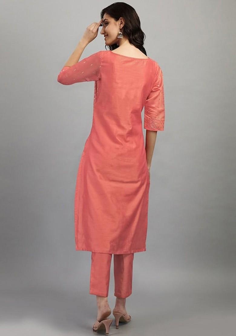 Peach Ethnic Motifs Embroidery Silk Kurta Set