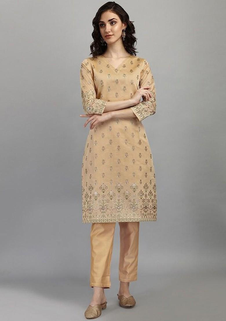 Beige Floral Print Silk Kurta Set