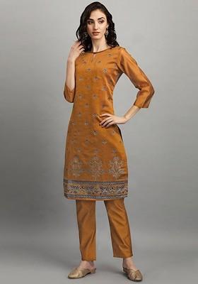 Tan Ethnic Motifs Embroidery Silk Kurta Set
