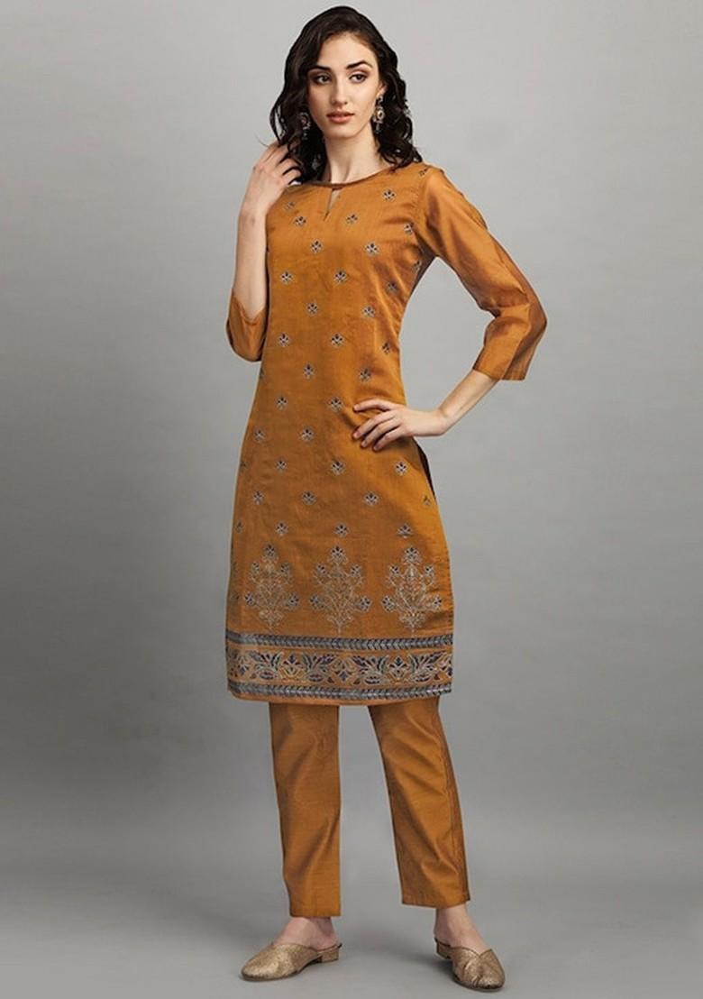 Tan Ethnic Motifs Embroidery Silk Kurta Set