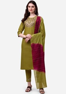 Green Embroidered Poly Blend Kurta Set