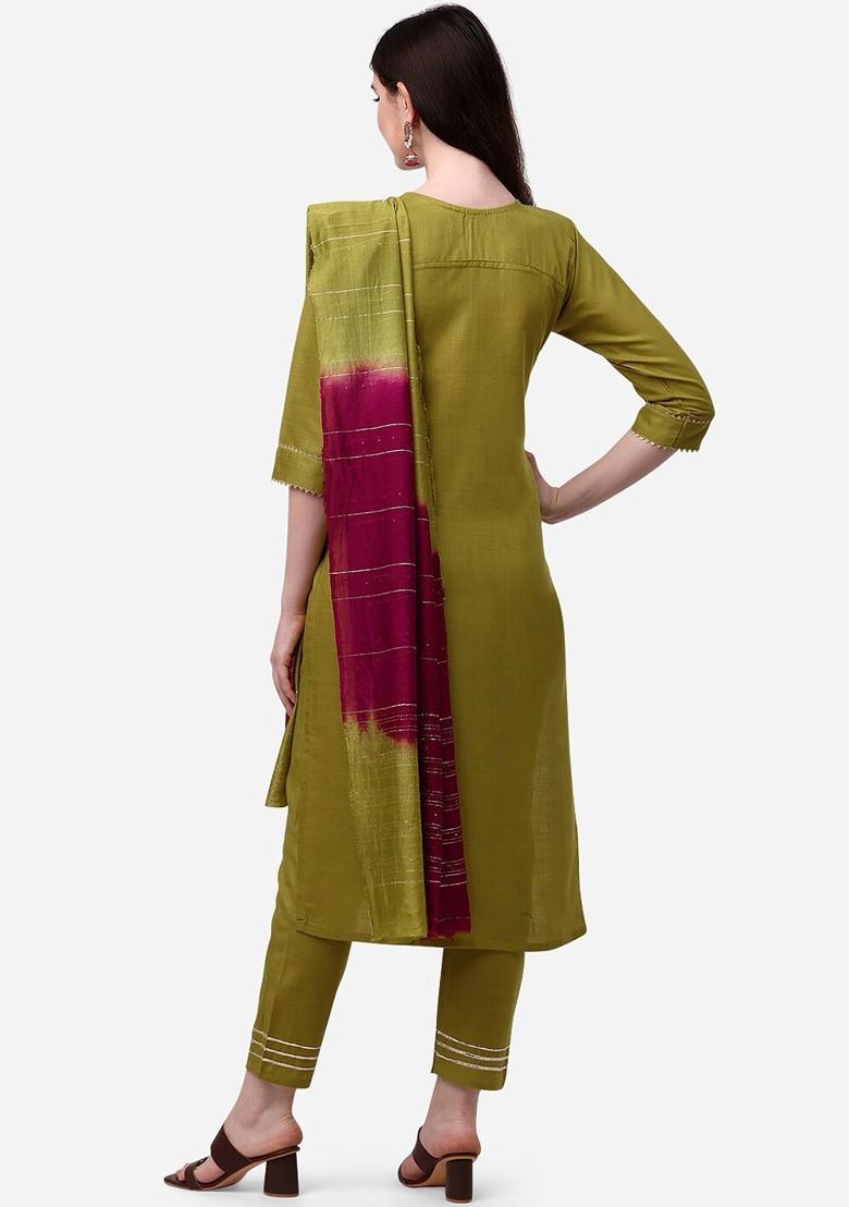 Green Embroidered Poly Blend Kurta Set