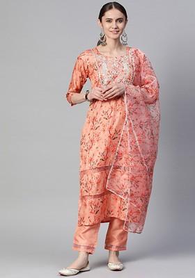 Peach Floral Embroidered Poly Blend Kurta Set