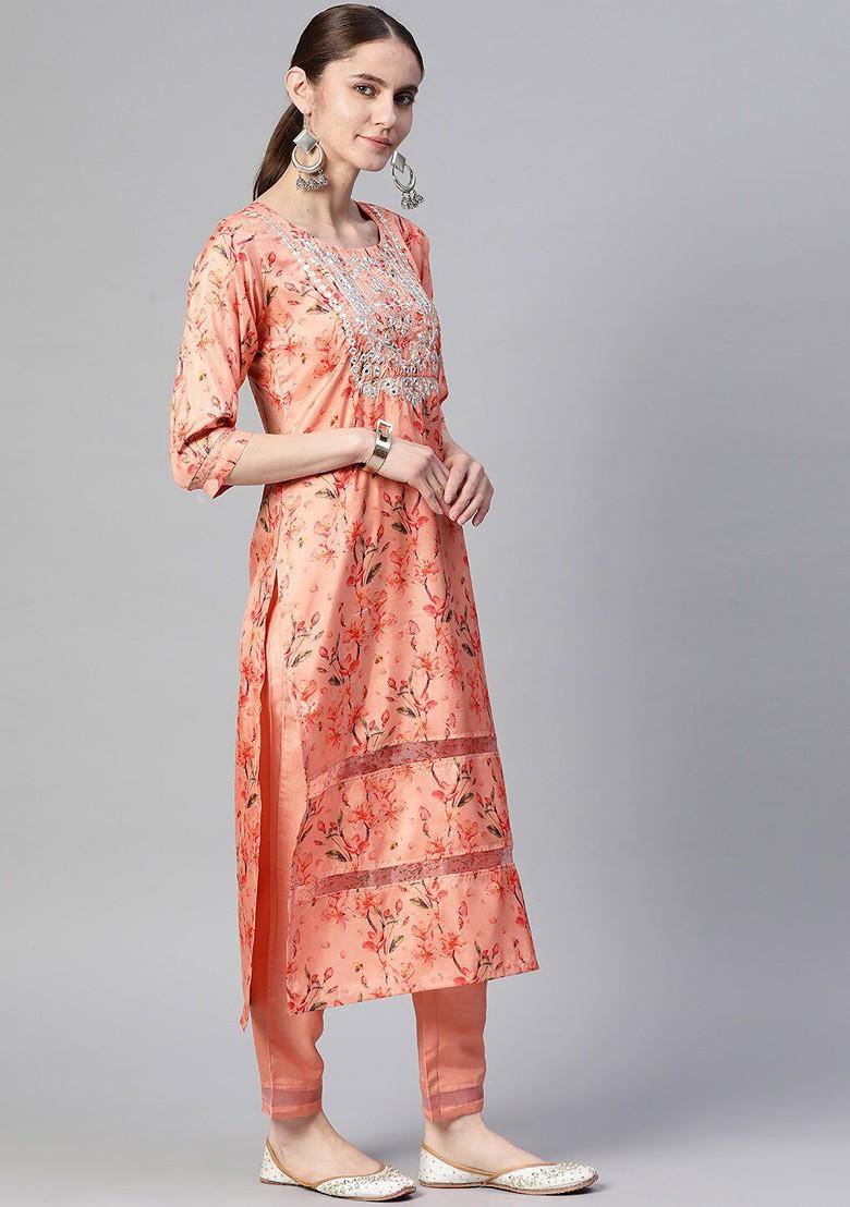 Peach Floral Embroidered Poly Blend Kurta Set