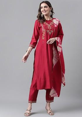 Maroon Floral Embroidered Poly Blend Kurta Set