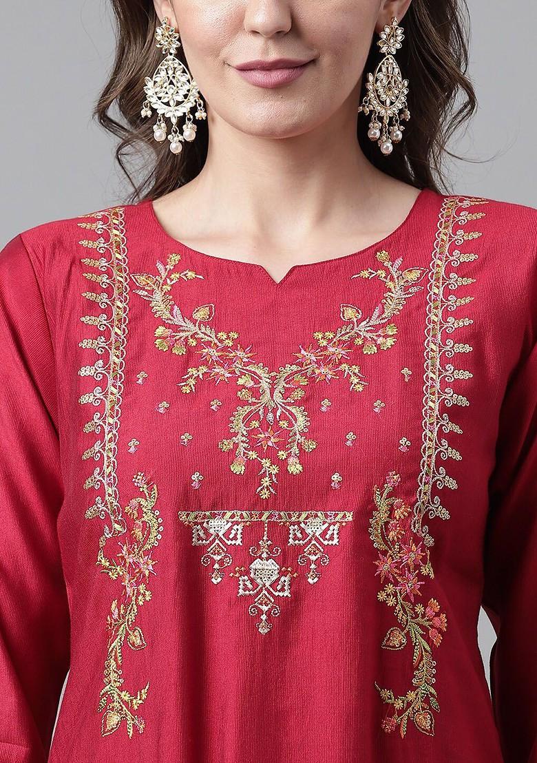 Maroon Floral Embroidered Poly Blend Kurta Set