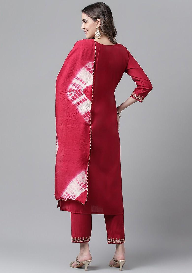 Maroon Floral Embroidered Poly Blend Kurta Set