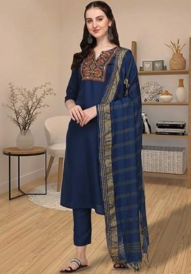 Navy Blue Ethnic Motifs Embroidery Cotton Kurta Set