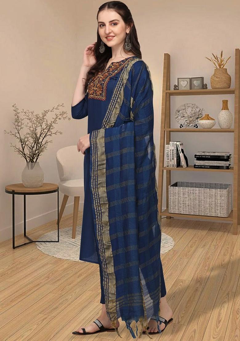 Navy Blue Ethnic Motifs Embroidery Cotton Kurta Set