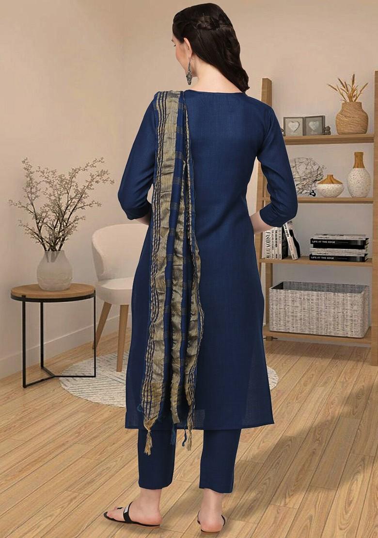 Navy Blue Ethnic Motifs Embroidery Cotton Kurta Set