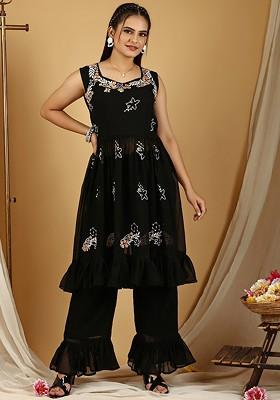 Black Floral Embroidered Poly Blend Kurta Set