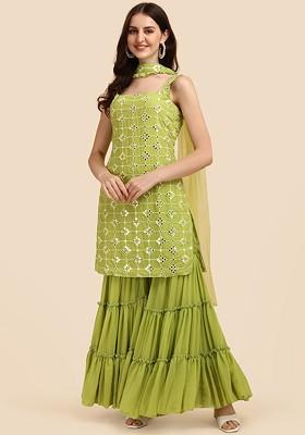 Lime Green Ethnic Motifs Embroidery Poly Blend Kurta Set