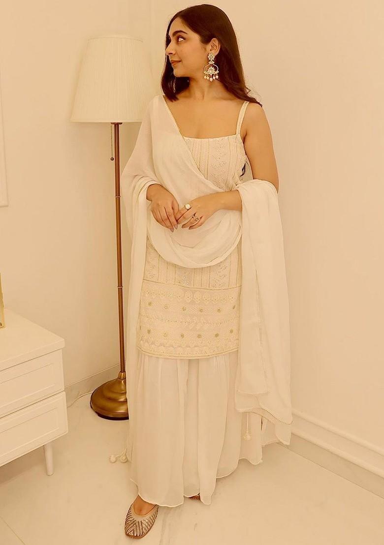 Off White Ethnic Motifs Embroidery Poly Blend Kurta Set