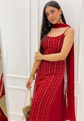 Maroon Floral Embroidered Poly Blend Kurta Set