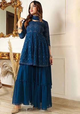 Teal Floral Embroidered Poly Blend Kurta Set