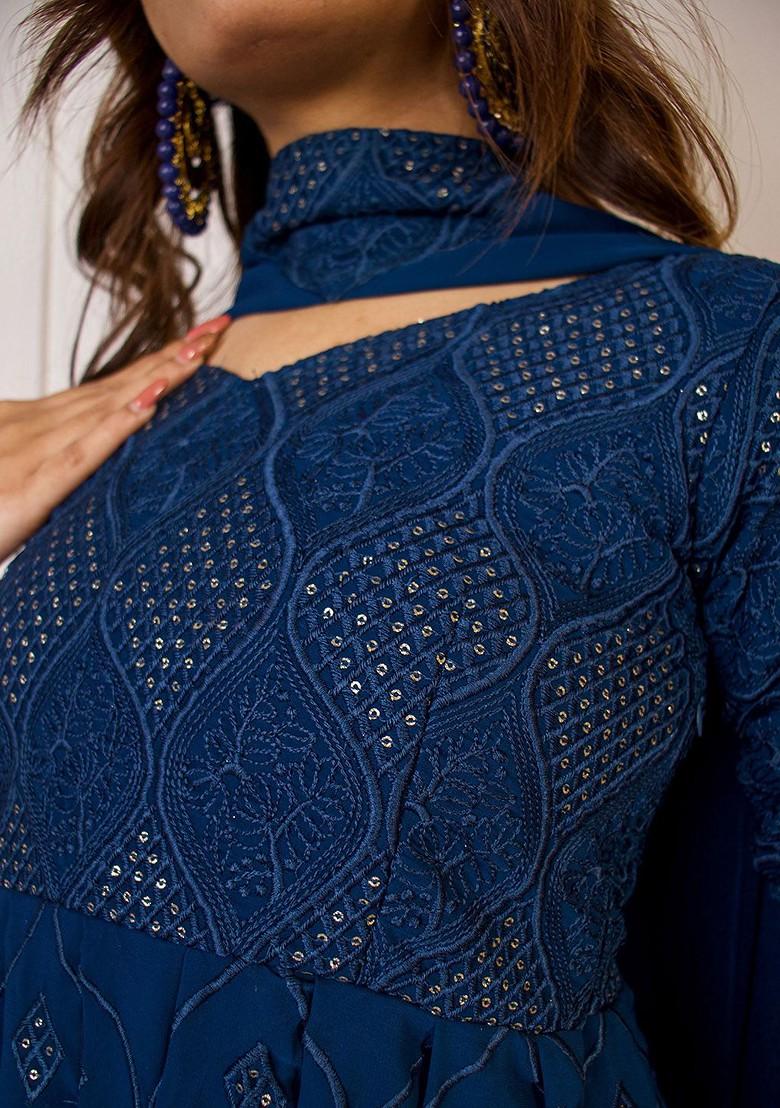 Teal Floral Embroidered Poly Blend Kurta Set