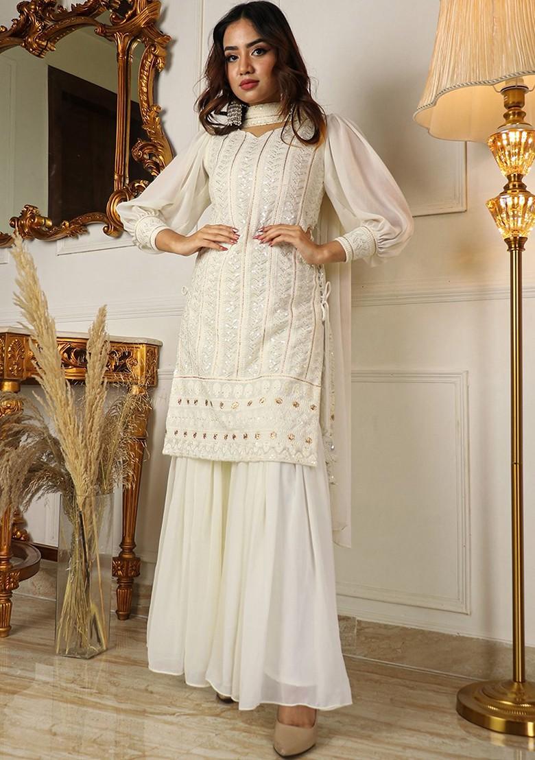 Cream Striped Print Poly Blend Kurta Set