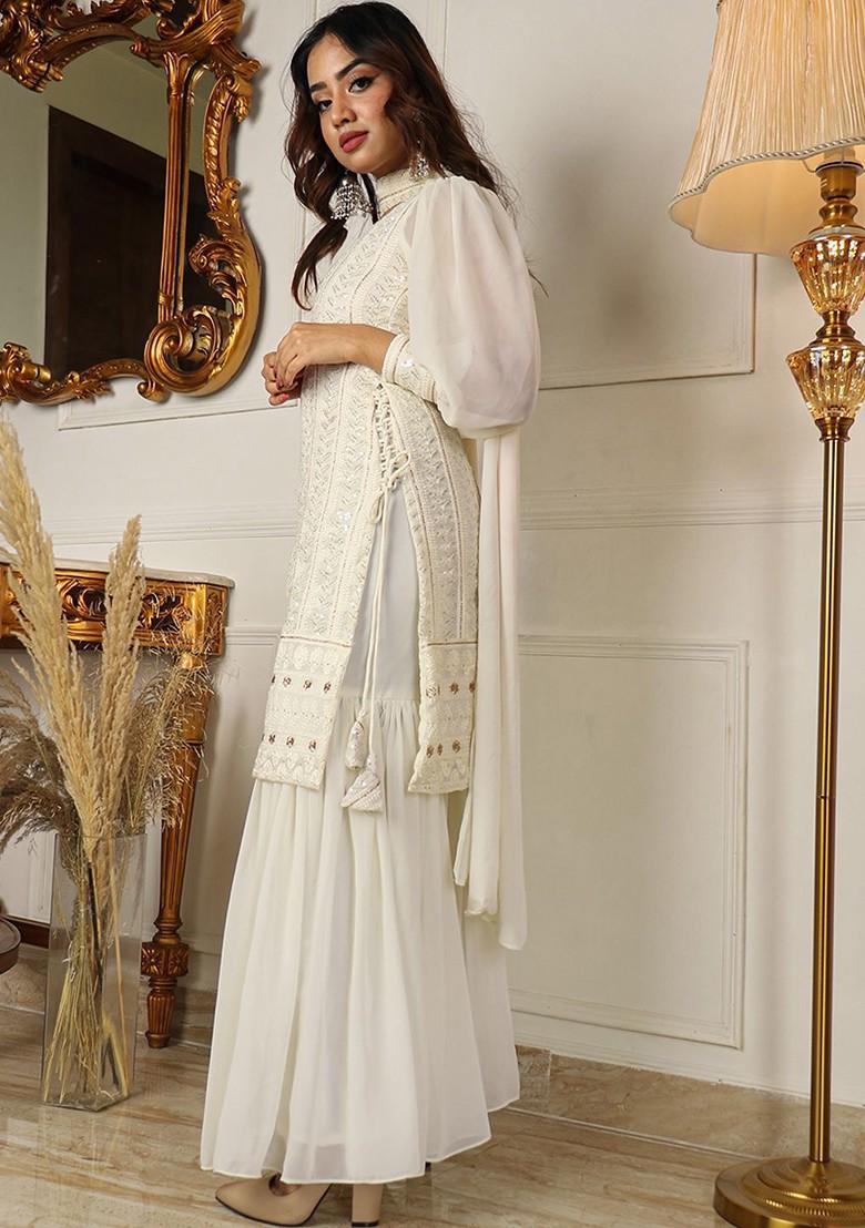 Cream Striped Print Poly Blend Kurta Set