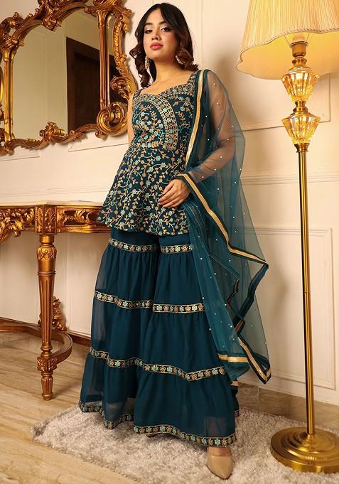Green Floral Embroidered Poly Blend Kurta Set With Dupatta
