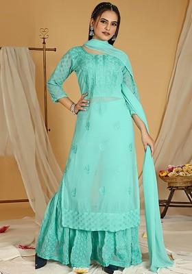 Turquoise Blue Floral Embroidered Poly Blend Kurta Set