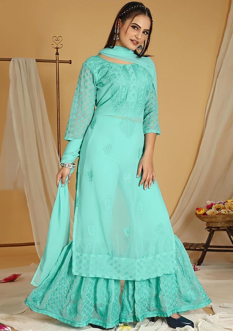 Turquoise Blue Floral Embroidered Poly Blend Kurta Set