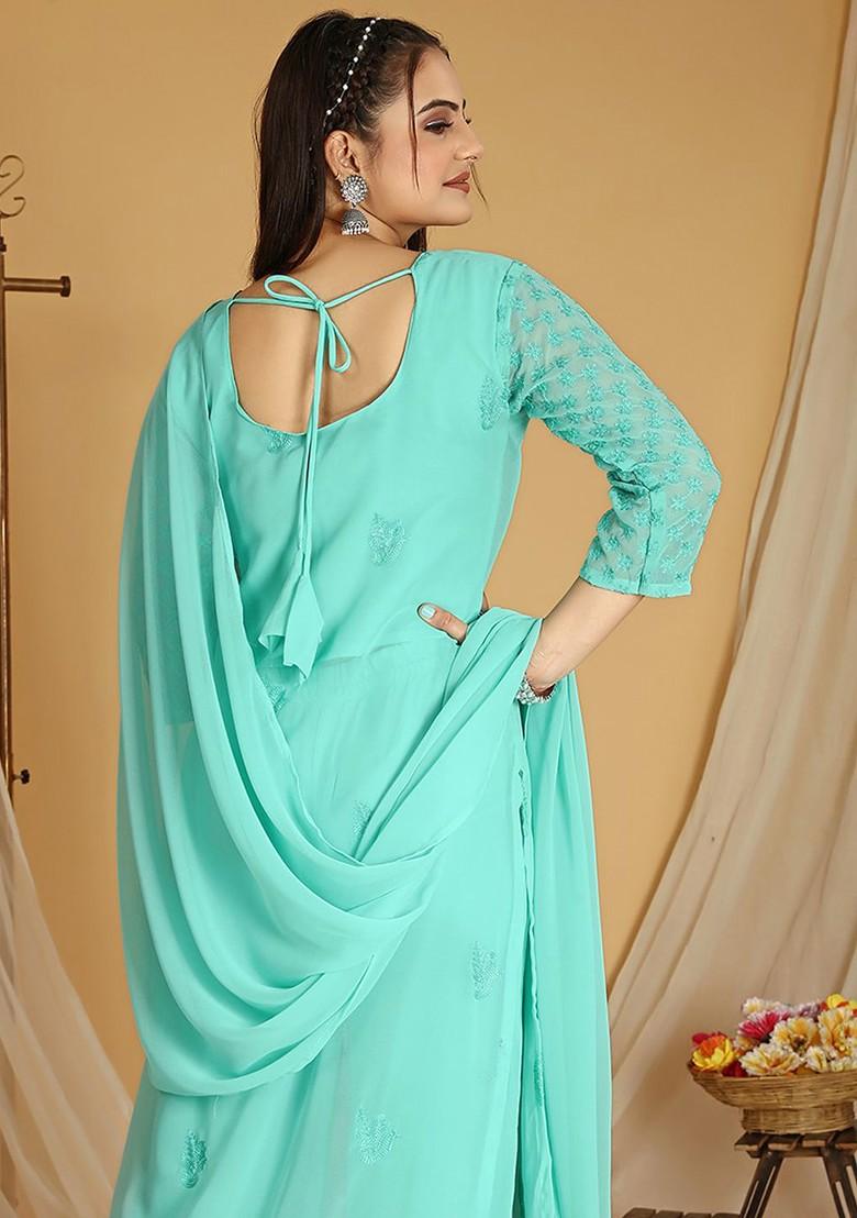 Turquoise Blue Floral Embroidered Poly Blend Kurta Set