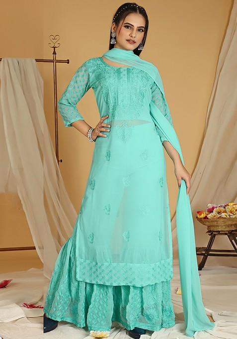 Turquoise Blue Floral Embroidered Poly Blend Kurta Set