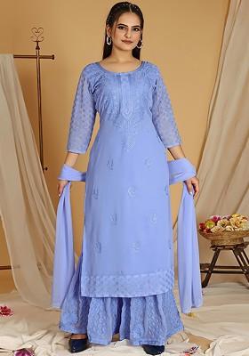 Lavender Floral Embroidered Poly Blend Kurta Set