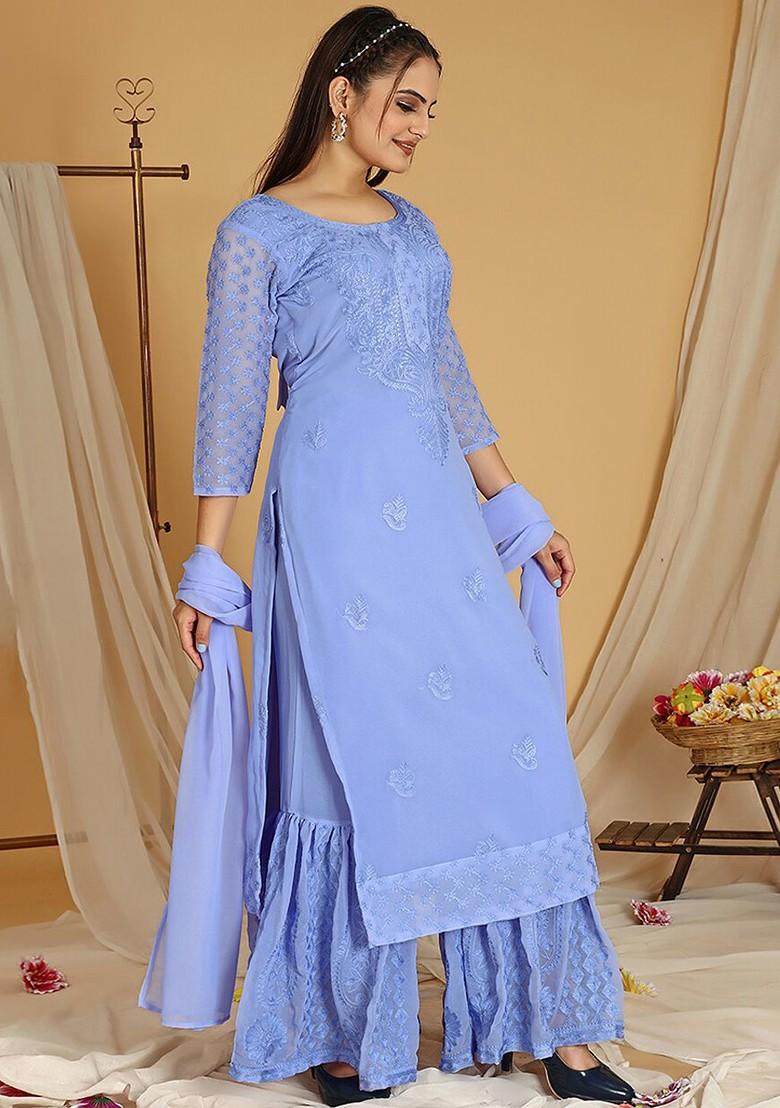Lavender Floral Embroidered Poly Blend Kurta Set