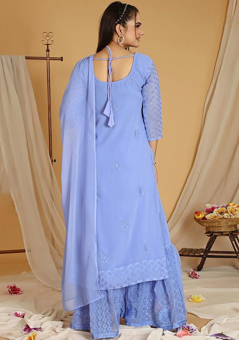 Lavender Floral Embroidered Poly Blend Kurta Set