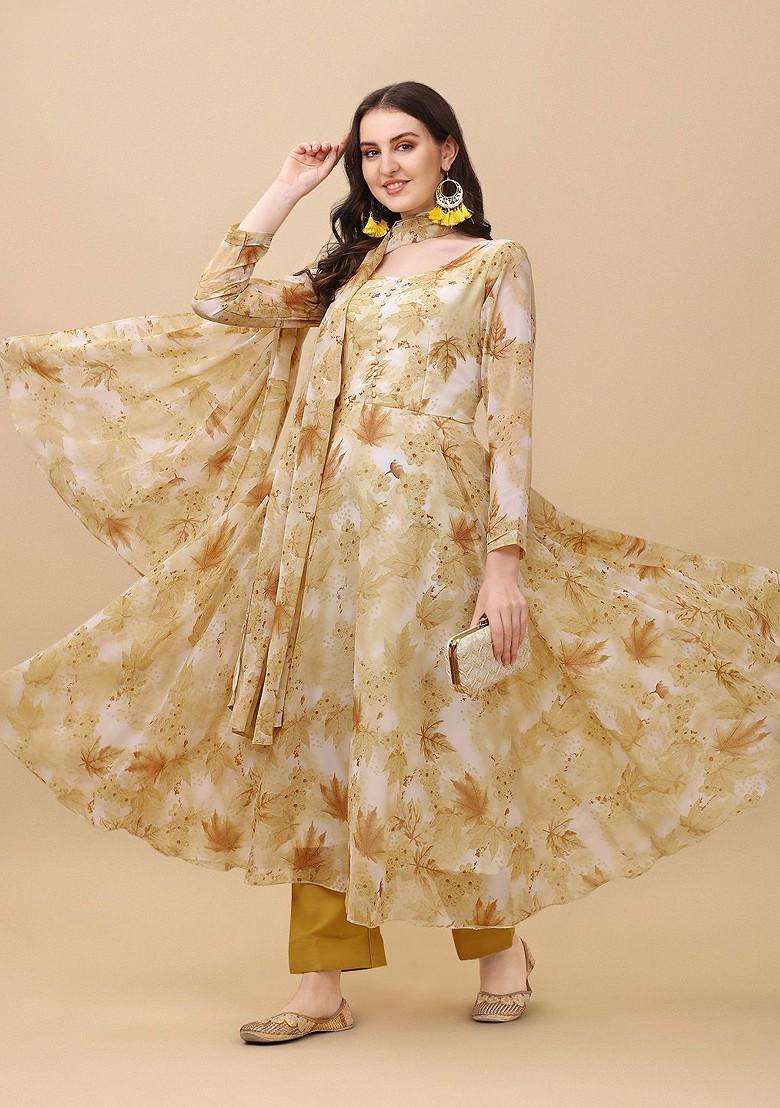 Mustard Floral Print Poly Blend Kurta Set