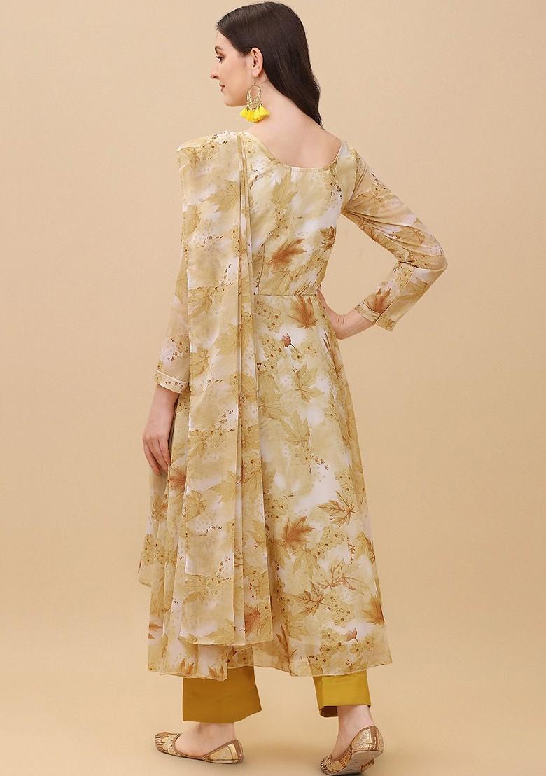 Mustard Floral Print Poly Blend Kurta Set