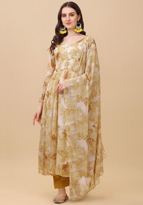 Mustard Floral Print Poly Anarkali Set