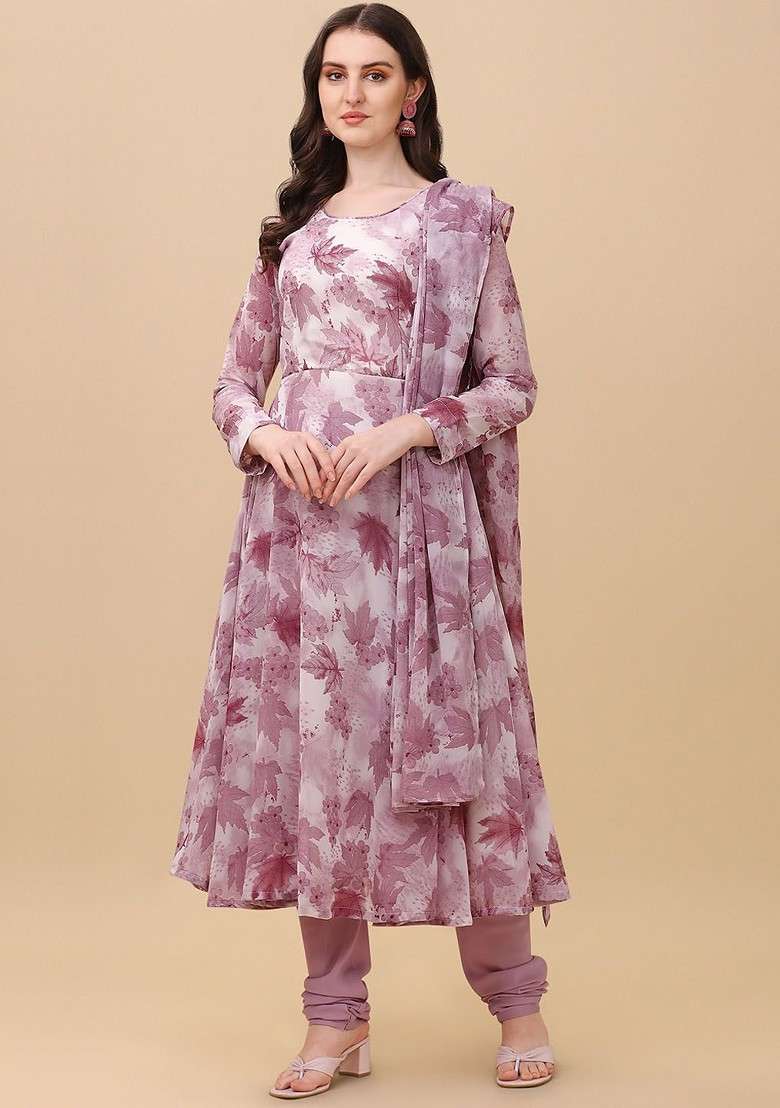 Lavender Floral Print Poly Anarkali Set - Indya