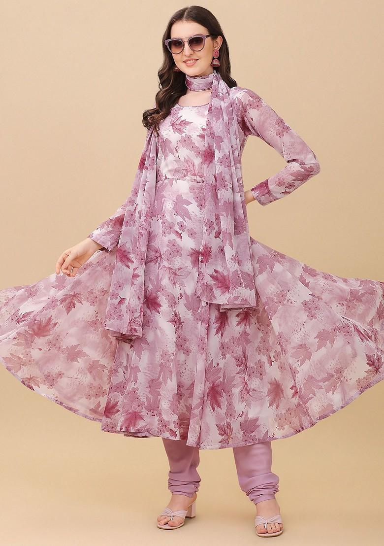 Lavender Floral Print Poly Blend Kurta Set