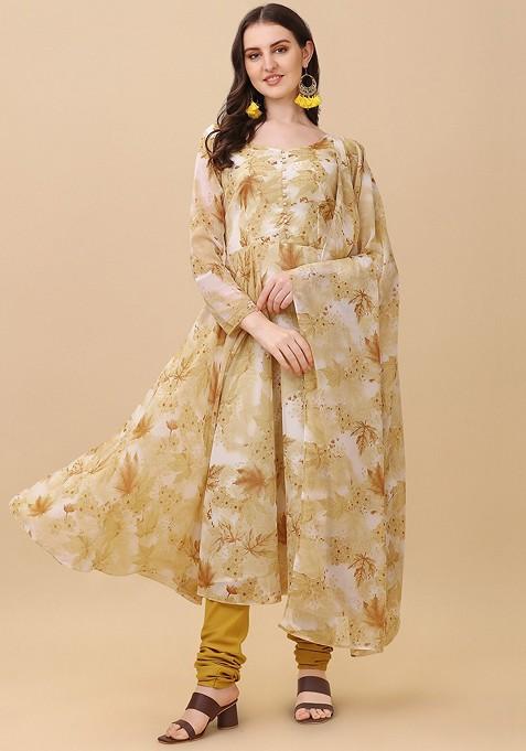 Brown Floral Print Poly Anarkali Set