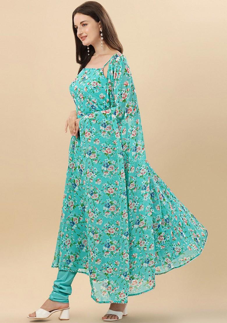Turquoise Blue Floral Print Poly Blend Kurta Set